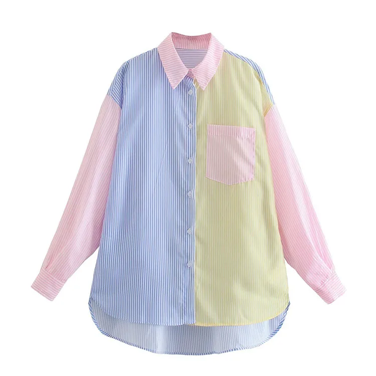 

Women's shirt women's spring and summer 2021 new fashion contrast color striped pocket lapel loose and thin candy-colored shirt, Picture color