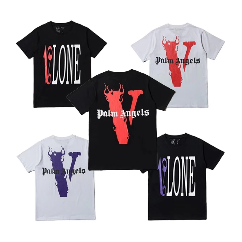 

Fashion Vlones Palms Angel Big V Printed T-shirt Cotton Unisex Casual Street Loose V Lone Tshirt