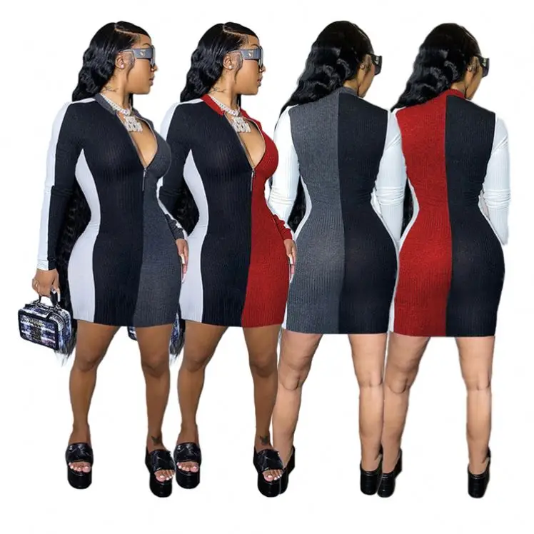 

Stylish Sexy Ladies Dresses O Neck Zipper Patchwork Ribbed Tight Fitted Plus Size Fall Women Short Dress