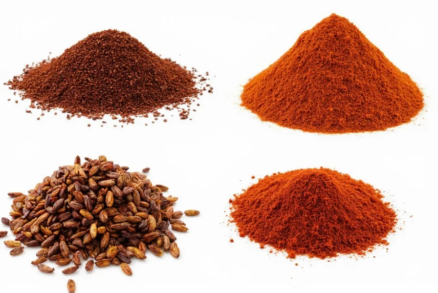 Dried ancho chiles arranged next to other dried chili varieties