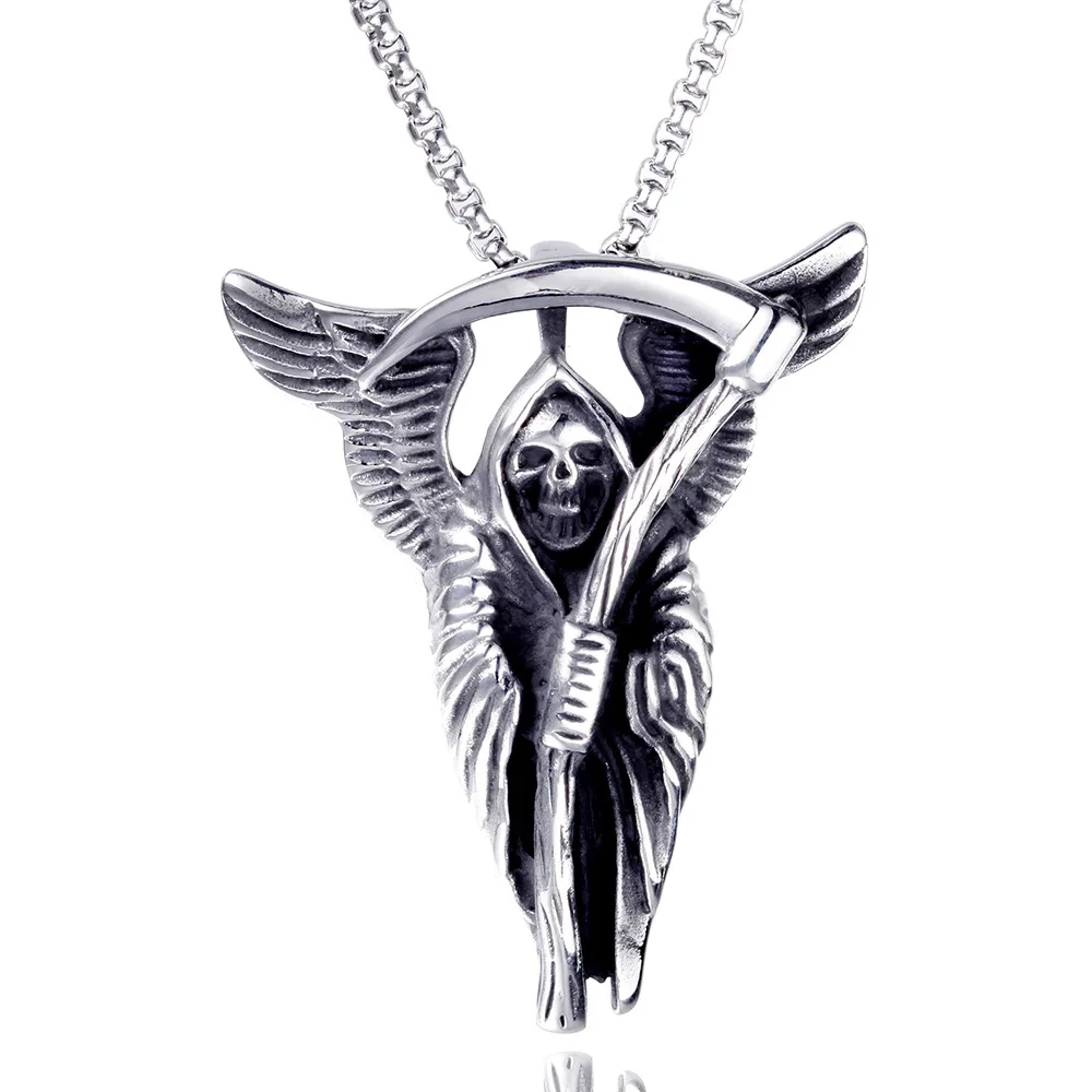 

In Stock Wholesale Holy Saint Santa Muerte Skull Biker Silver Stainless Steel Death Pendant with Angel Wings Necklace, Custermized