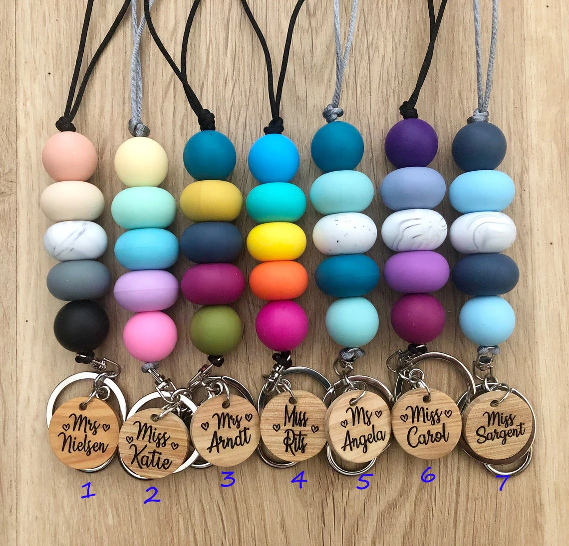 

Personalized monogram keychain with blank wood disc color silicone beaded teacher ID necklace Lanyard keychain
