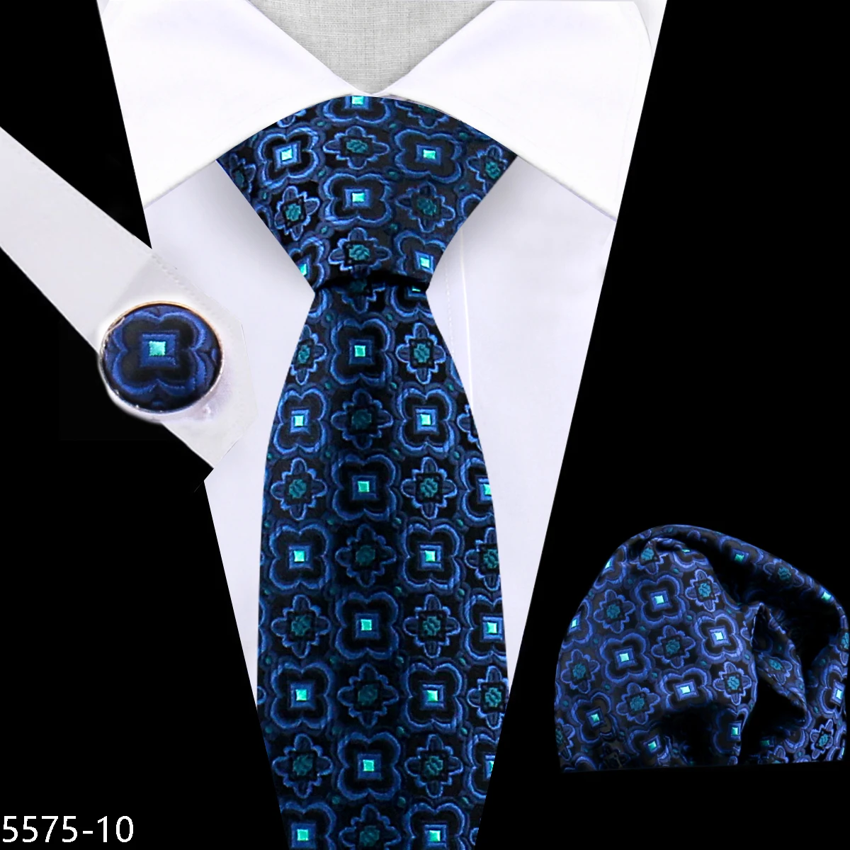 2024 Navy Floral Silk Luxury Tie for Men Set Polyester Wedding Men's Tie Set Custom Tie and Handkerchief Set