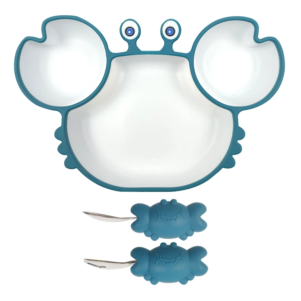 

Silicone Baby Feeding Set Food Catcher High Quality Crab Silicone Baby Plate Suction Kids Divided Crab Plate Spoon Fork, Customized color