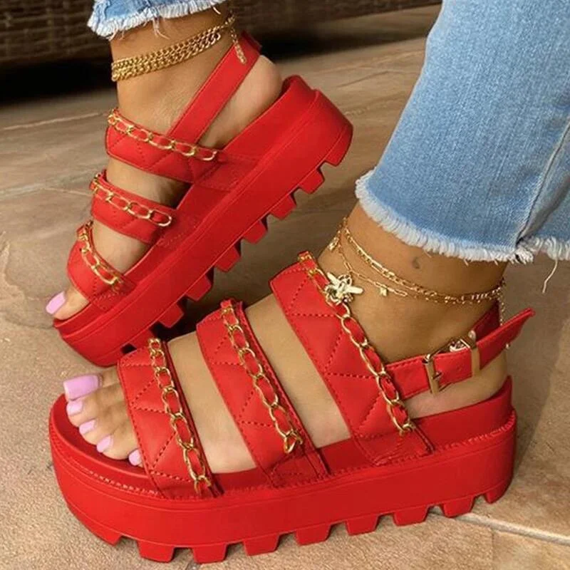 

Fashion Design Peep Toe Chain Straps Red Black Platform Sandals Buckle Strap Thick Sole Soft PU Leather Outdoor Cool Girls Shoes, White,red,black,khaki
