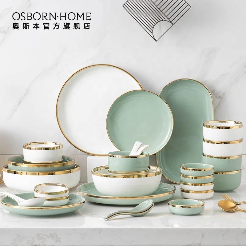 

OSBORN Luxury tableware gold cutlery bowls set porcelain dinner set plate, Picture