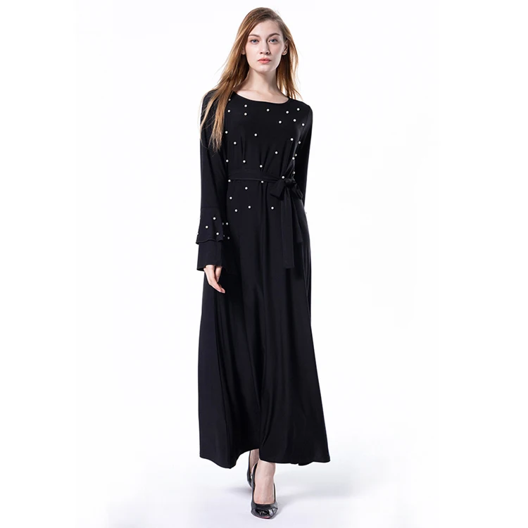 

2017 The Latest Design Long Sleeve Abaya Jalabiya Kaftan for Women, Pearl;black