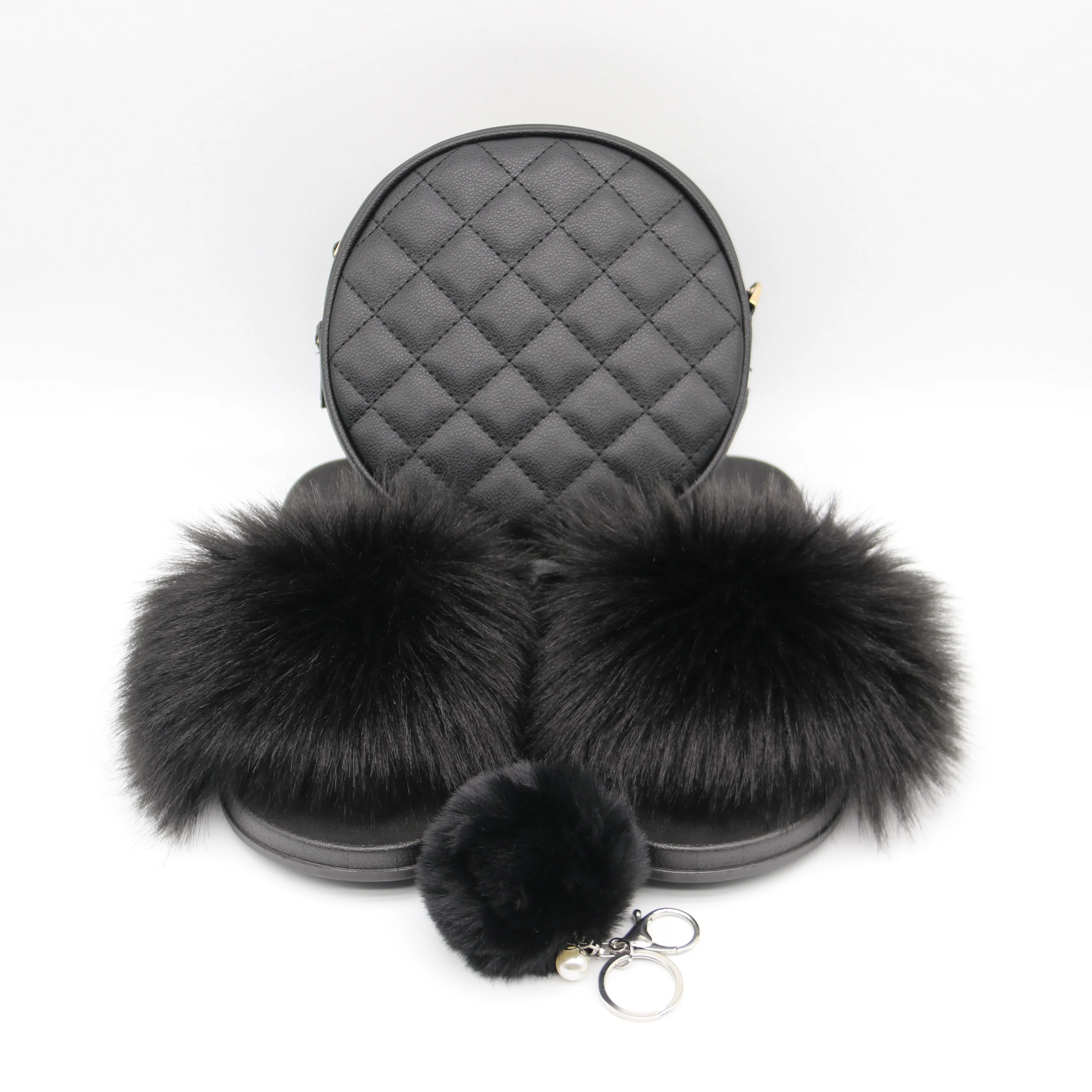 

new arrival inspired design girls mini PU leather round chain shoulder bag fur slides with purse set