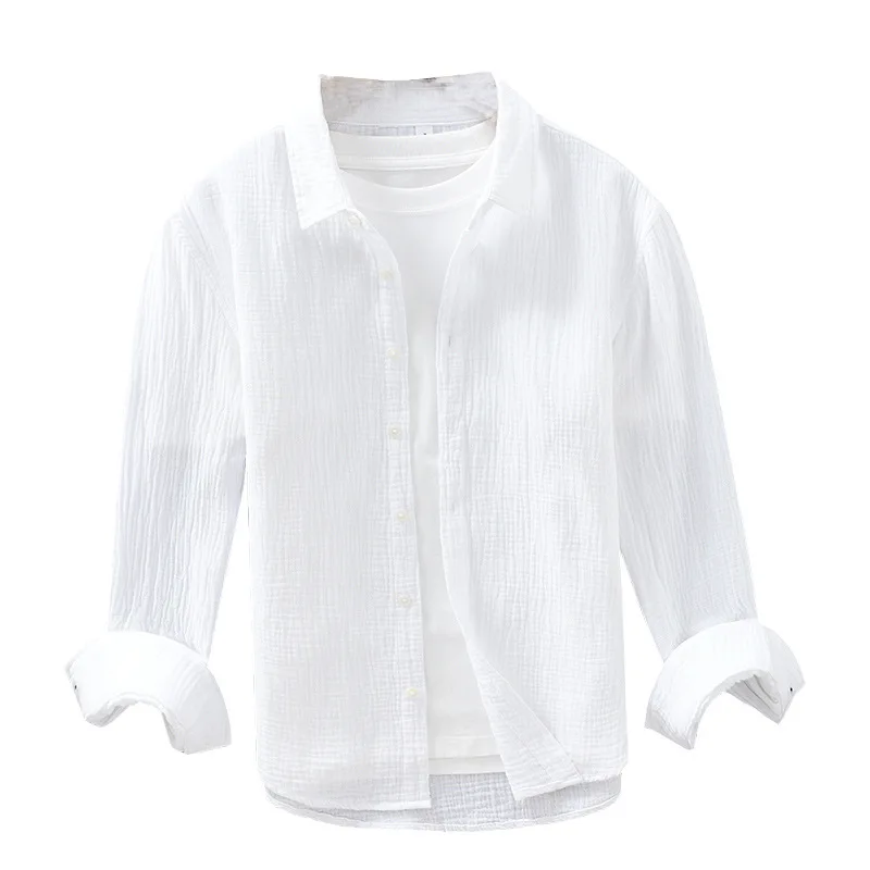 M-3XL Men's Casual Wrinkled Double-layer Gauze Long Sleeved Shirt Comfortable and Breathable square Neck Shirt