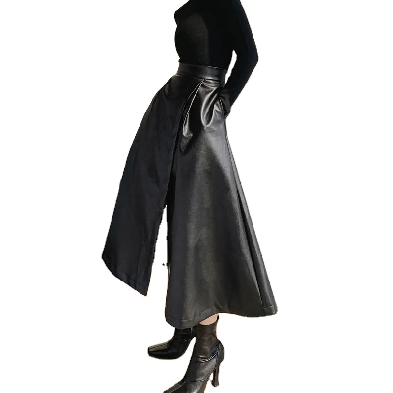 

Free Shipping Manufacture Women Autumn Winter PU Faux Black Leather Skirts Lady High Waist A-line Midi Black Long Skirt, As your requirment