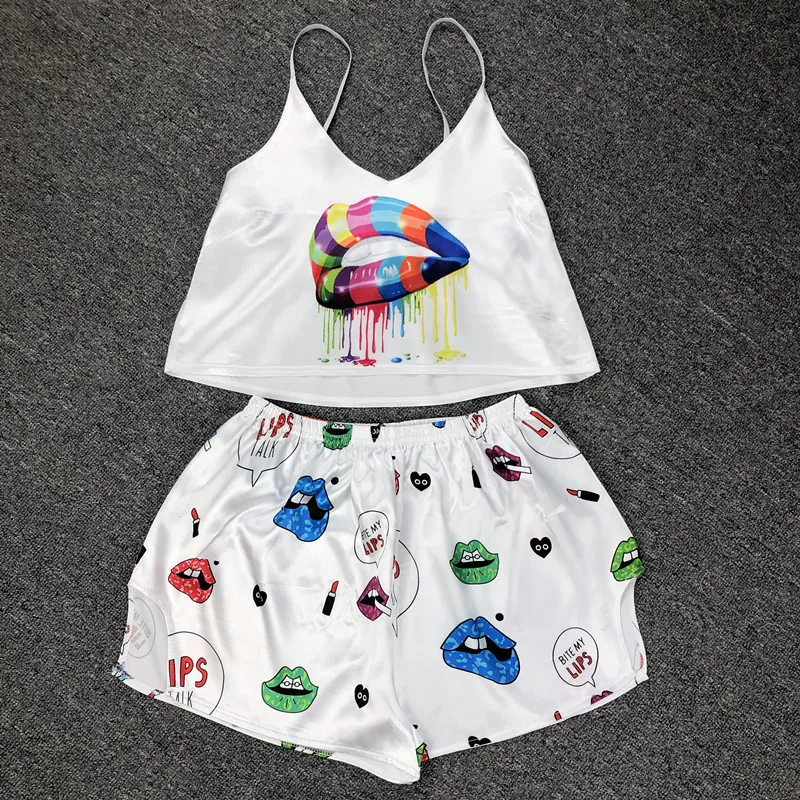 

Wholesale Summer Two Piece Loungewear Sleepwear Sexy Pyjama Sets Women Silk Cartoon Pajama Set