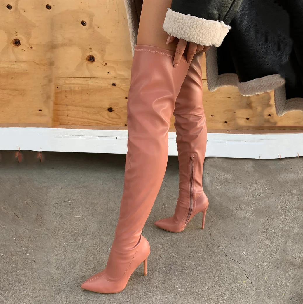 

Solid Concise Design Side Half-zip Women Over Knee High Boots Stiletto Ladies Pointed Toe Thigh High Long Booties Big Size 43, Black,pink,apricot