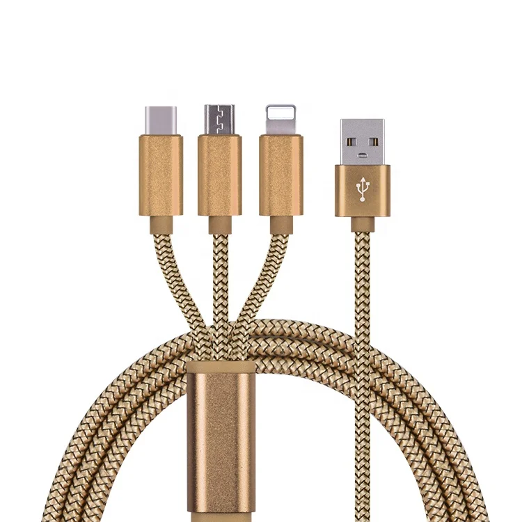 

Wholesale original quality strong nylon braided micro 8 pin type c multi charge usb cable for taxi and public area use, Golden, silver