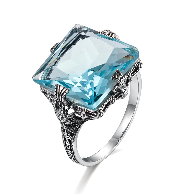 

Wholesale Hot Classic Sterling Silver Square Stone Aquamarine Ring Vintage Silver Jewelry Rings Women