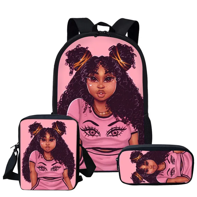 

Customized Backpack Art Black Girls Print Bookbags 3pcs/set Primary School Bags Set with Lunch Box Pencil Bags, Customized color