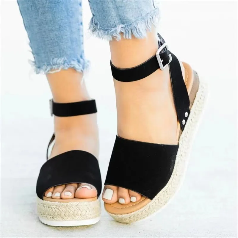 

Popular Women Roman Black Hemp Rope Wedge Heel Ankle Strap Sandals Height Increasing Sandals