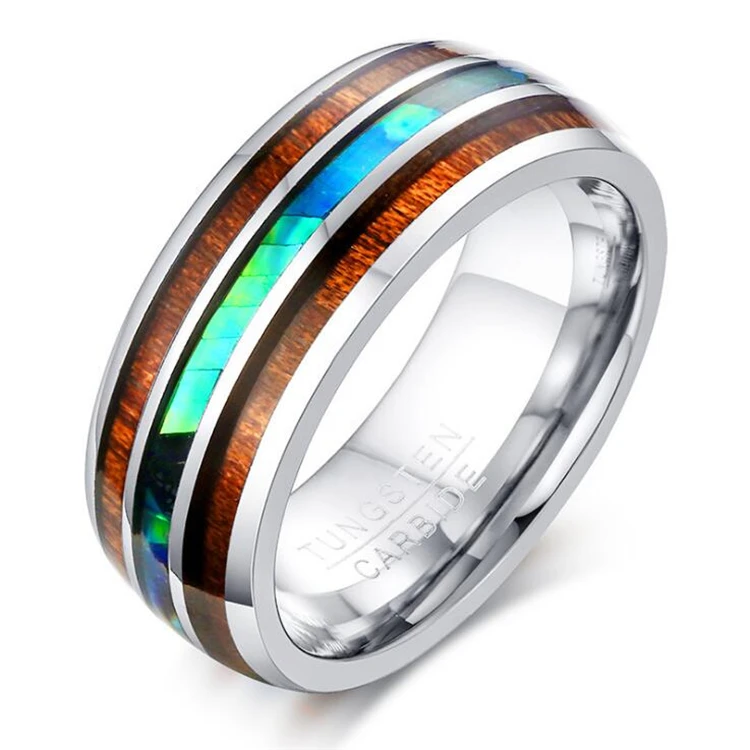 

8mm Luxury Men Silver Tungsten Carbide Ring Wood & Abalone Shell Inner For Mens Wedding Engagement Bands anillos hombre
