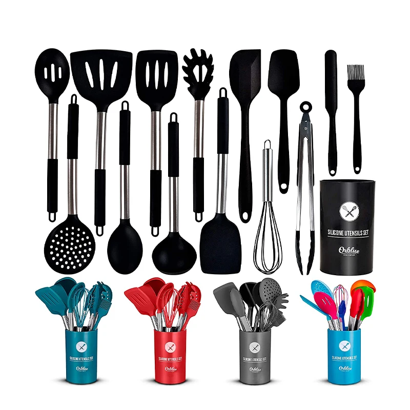 

14pcs Kitchenware set with silicone head stainless steel handle heat resistant lid with silicone cooker