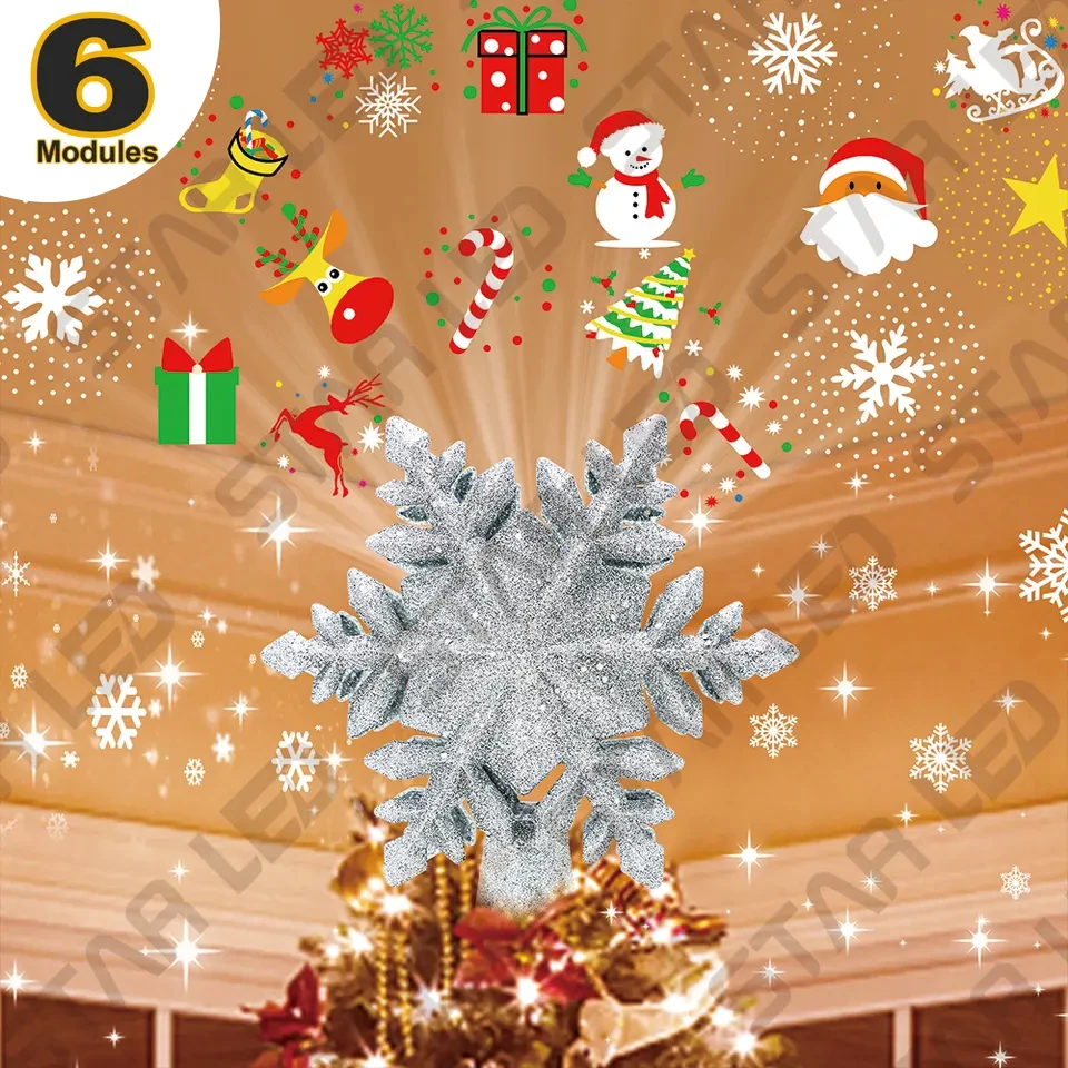

Christmas Tree Topper Decorations Projector Light 3D Rotating Hollow Glitter Snowflake Xmas Tree Decor with 6 Projection Star