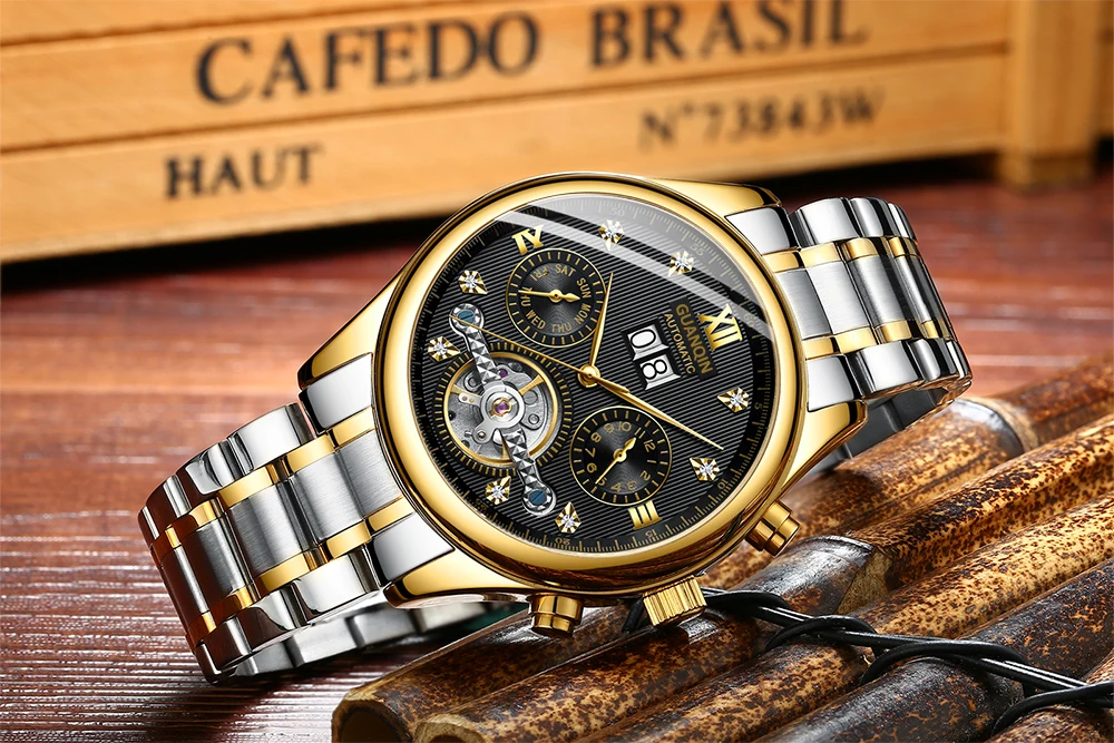 
2019 guanqin Good Quality Luxury Waterproof Automatic Stainless Steel Mechanical Watch 
