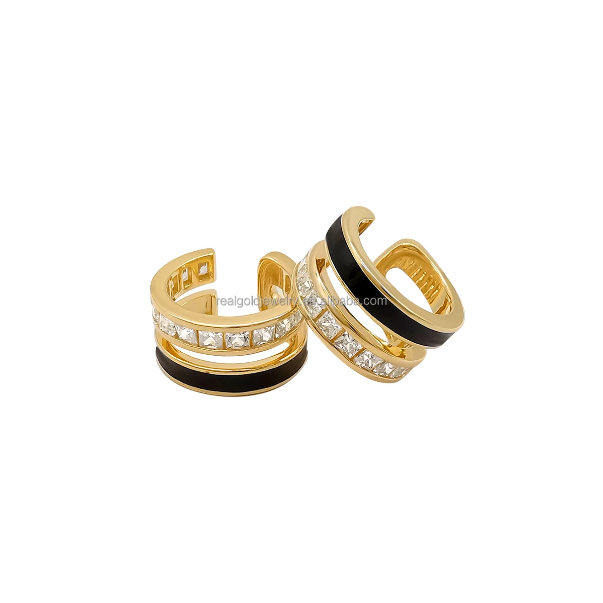 

New Arrival Square Zircon Earring Cuff Genuine 14kt Gold Black Enamel Earrings Fine Jewelry Unisex