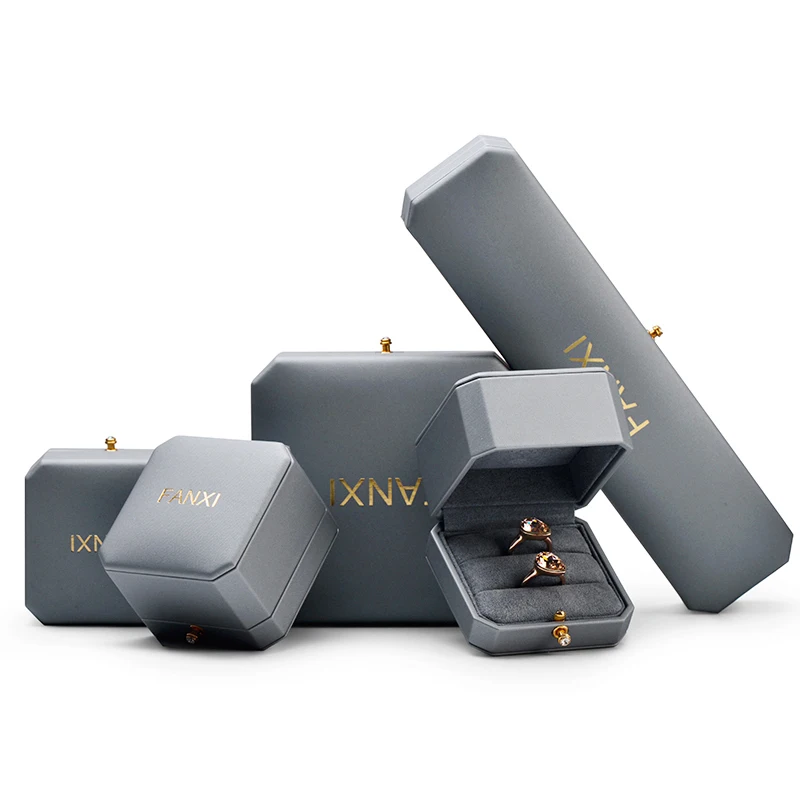 

New Arrival Octagonal shape Large Jewellery Boxes Ring Earring Necklace Boxes Grey Pu LeatherJewelry Box with custom Logo, Light grey