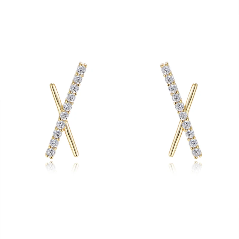 

minimalist X bar Stick jewelry psj S 925 Sterling silver 14k gold plated bling CZ Cubic Zirconia Stud Earrings