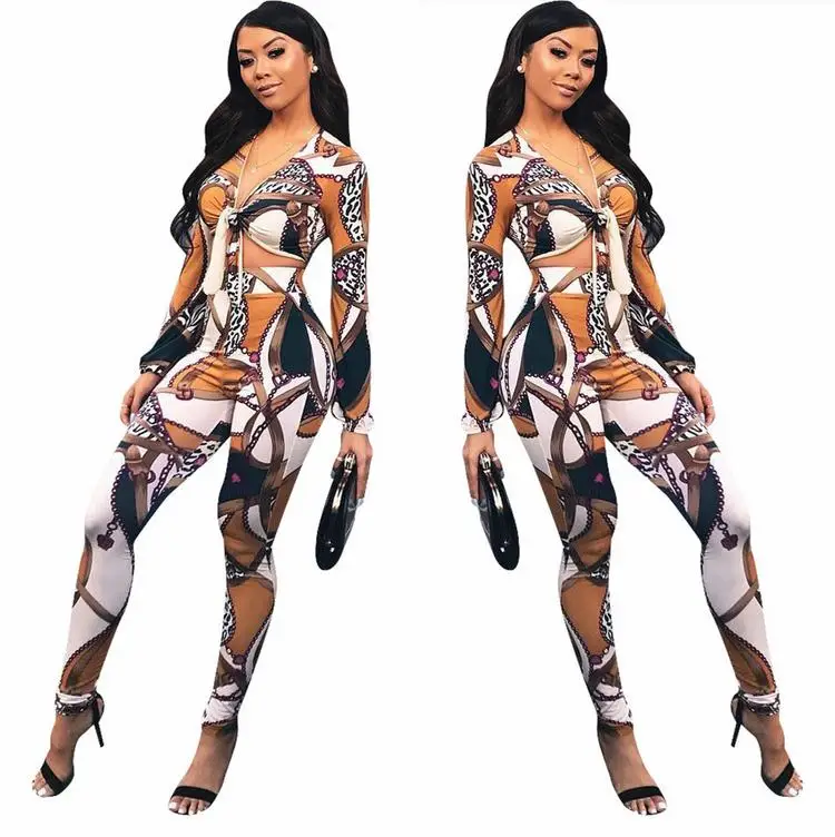 2019 Wholesale Women Print Long Sleeve Curvy Top And Pants Women Casual Apparel