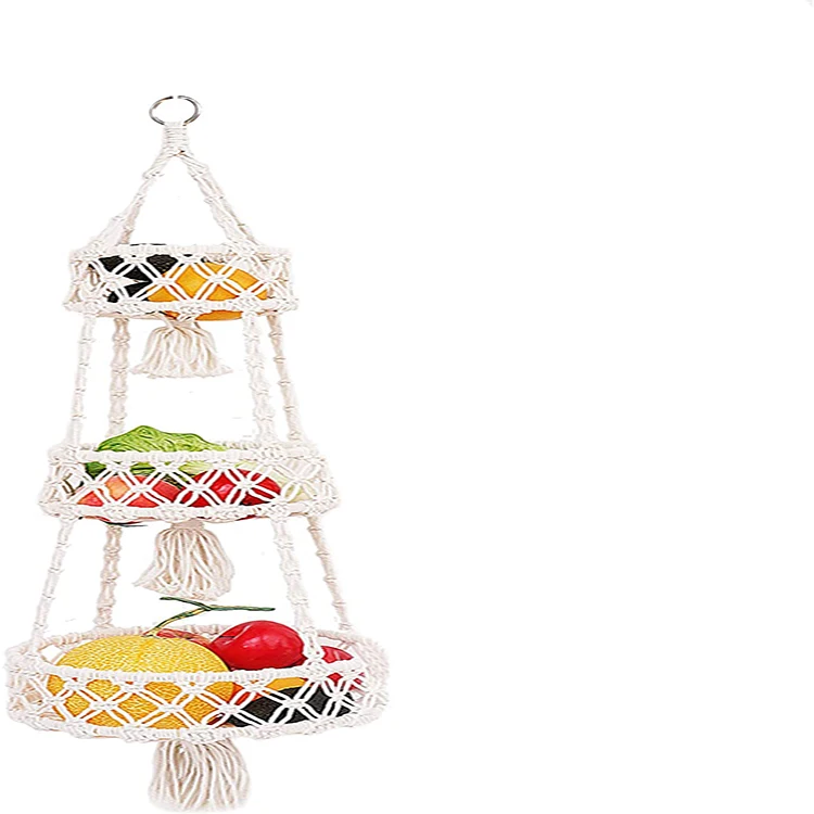 

3 tier macrame hanging basket kitchen fruit storage organizer wall hanging decor, Customized color