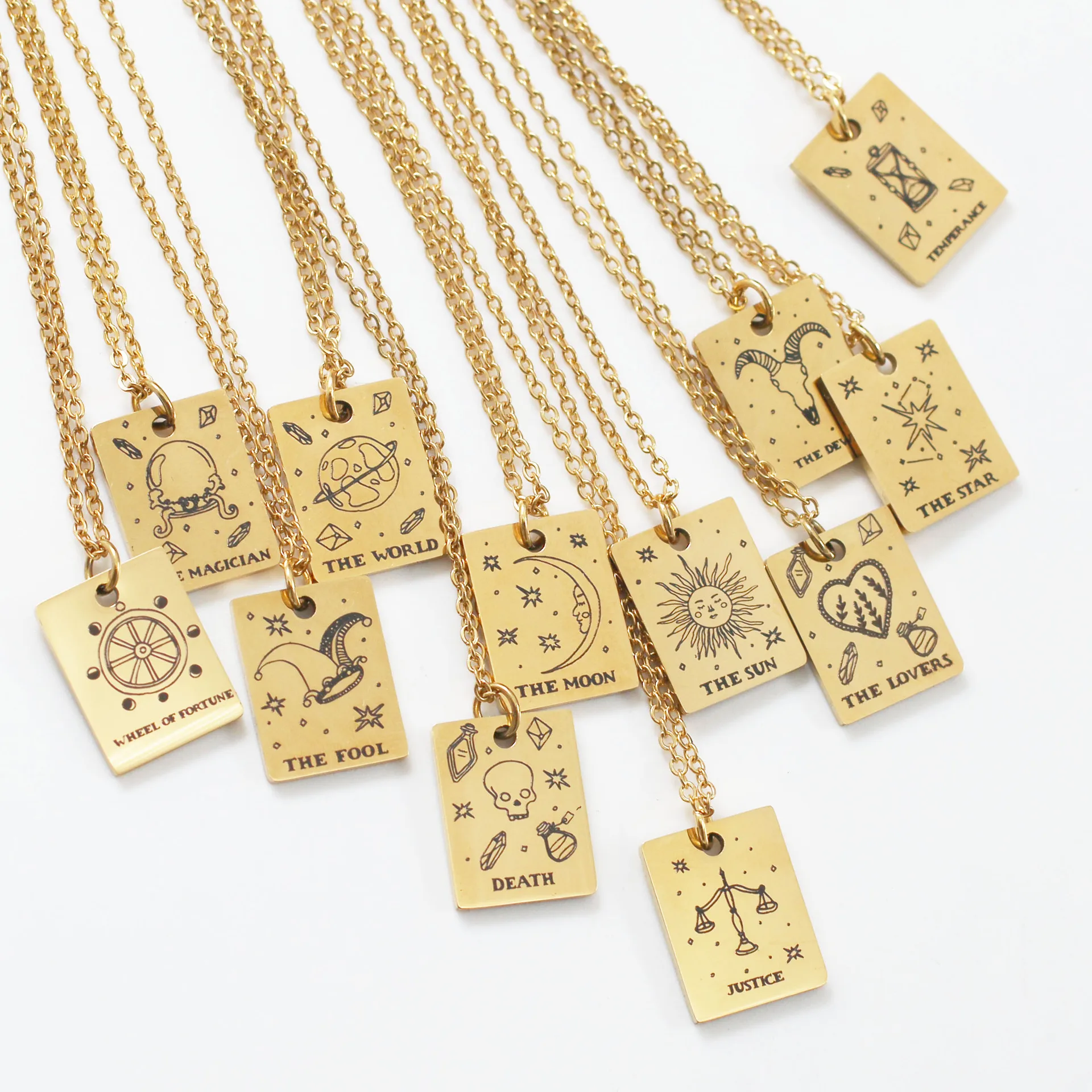 

Tarot Card Necklace 18K Gold Plated Necklace Stainless Steel Square Moon Sun World Lover Devil Geometric Pendant Necklaces