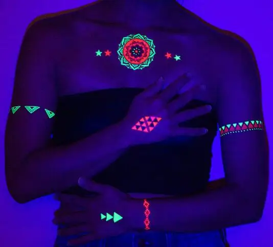 

UV Blacklight Tattoos - Glow In The Dark Rave Temporary Tattoos Rainbow Neon Henna Inspired Body Art