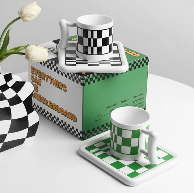 

Nordic Ins Checkerboard Mug Ceramic Coffee Cup Gift Box Set Water Cup Milk Coffee Cup