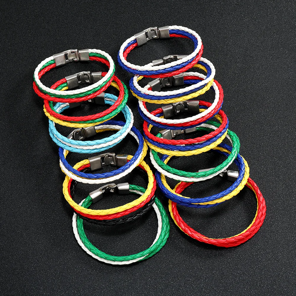 

Football Club Fans Souvenir Gifts Multi Layer Pu Leather Braided National Flag Wrap Wristband Woven Flag Leather Bracelet