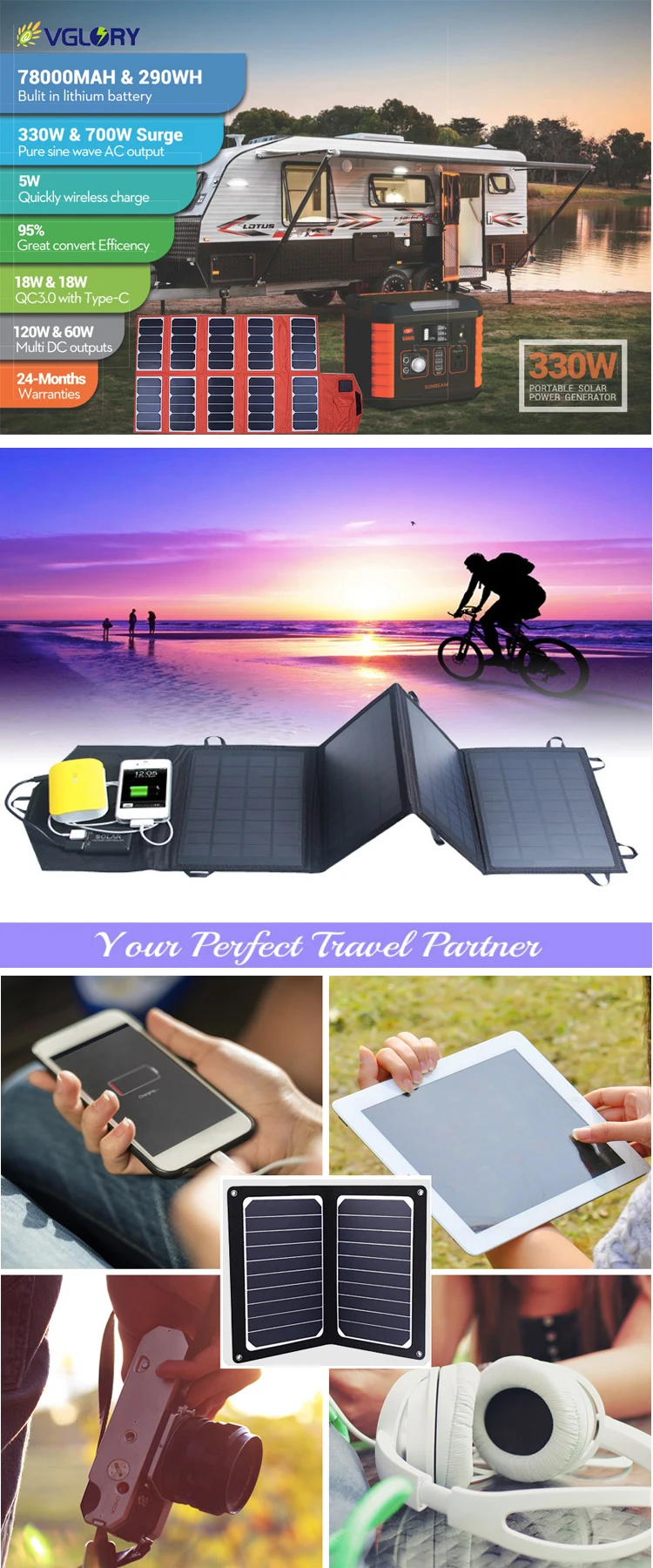 130w Panel Battery Portable Usb Output 5v 9v 12v Sunpower Foldable Charger 120w Solar Module 100wp