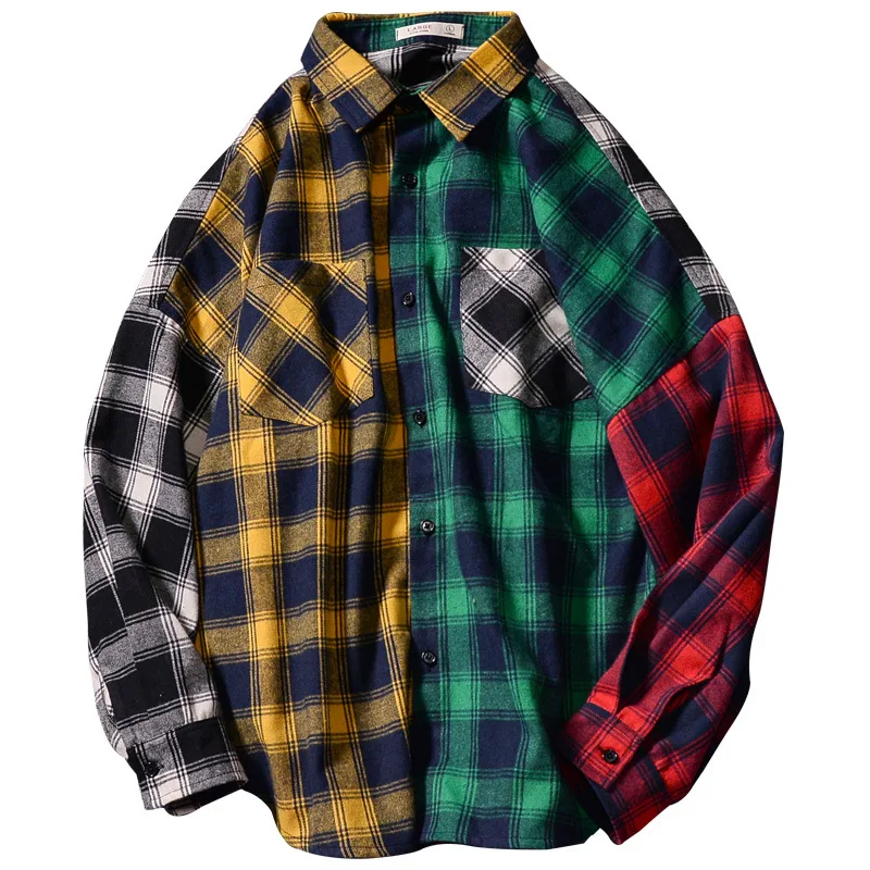 Free Shipping Plaid Loose Patchwork Pocket Casual Jacket Men's Shirts