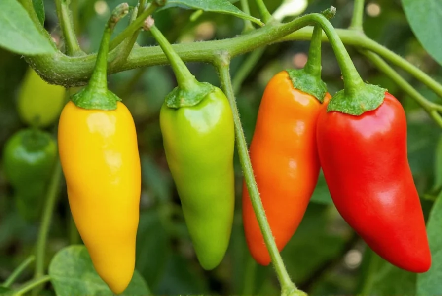 Close-up of chili peppers at various ripening stages showing green, yellow, orange, and red peppers on plant