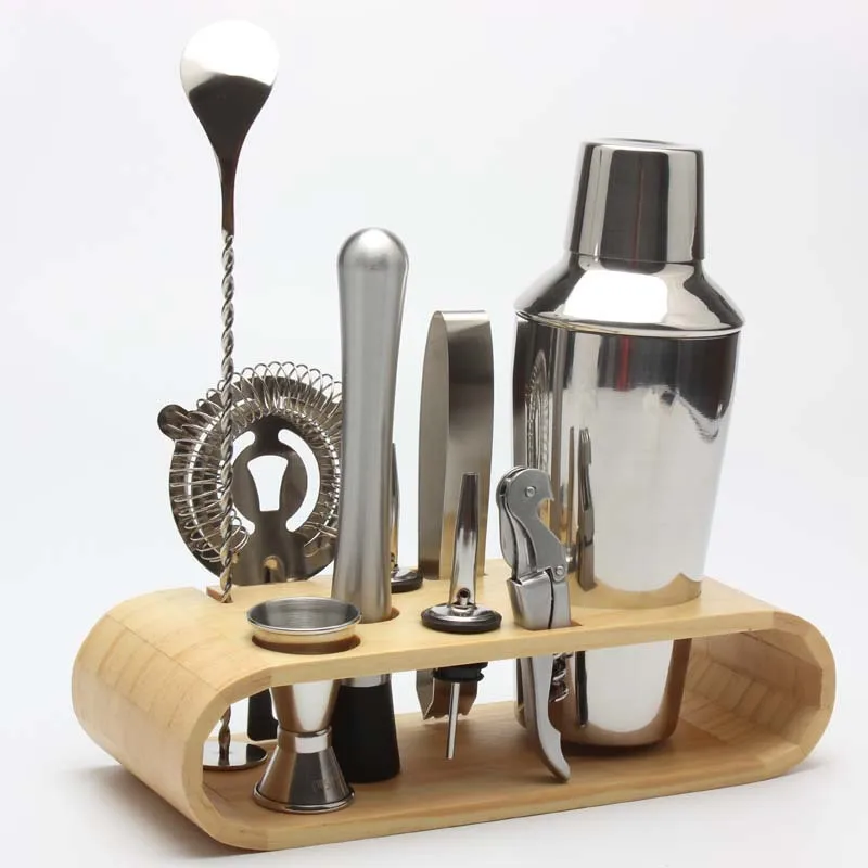 

Factory Custom Bar Stainless Steel Cocktail Shaker Set With Wooden Stand, Silver