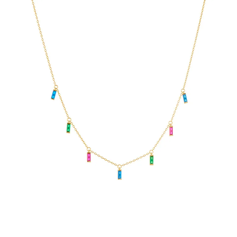 

Luxury Boho Rectangle colourful Rainbow Zircon Charm Choker Gold plated 925 Sterling Silver Tassel Necklace For Women Girls