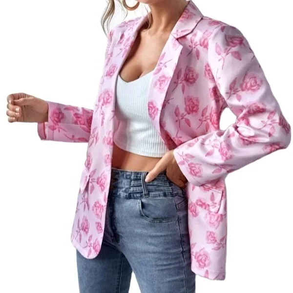 

Drop shipping hot selling Pink floral printed lady blazer women fashion loose casual coat jackets woman, 2 colors