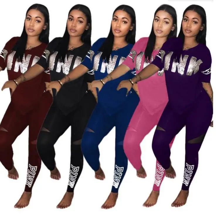 

Long Pants Plus Size Casual Short Sleeve T Shirt Women Casual Two Piece Set Print Letter Pink Sport Outfit, Customized color