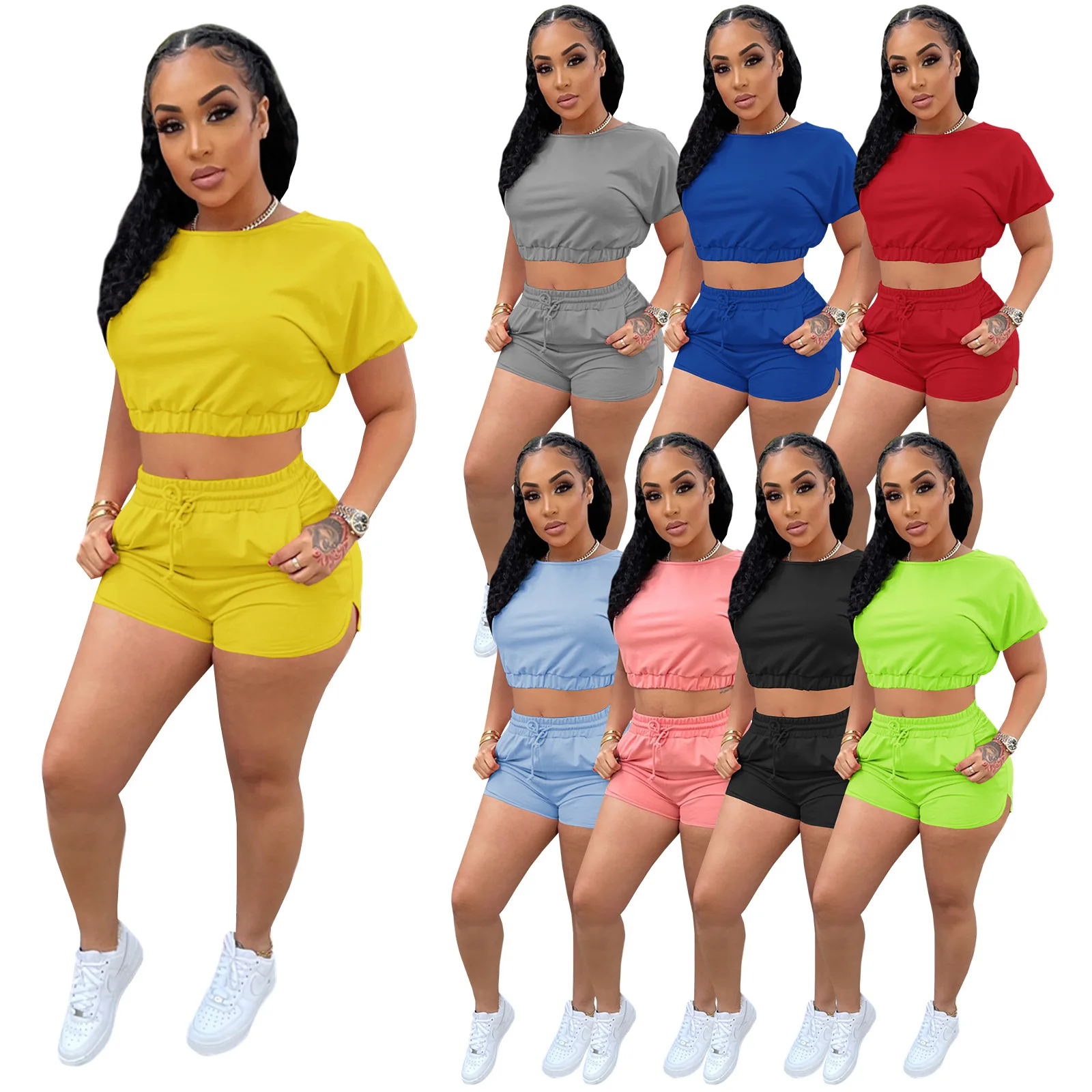 

2022 new casual plain custom logo summer clothes short sleeve crop top backless two piece shorts set biker jogging set for women, Different color