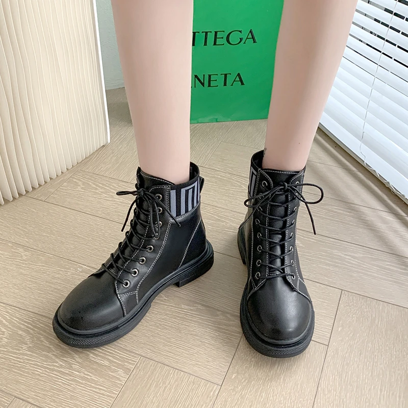 

KH-a159 Women Fashion Ankle Booties Causal 8-Eye Side Lace-up Combat Boots, Black