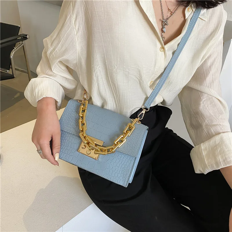 

Thick Chain Small PU Leather Flap Sling Bags for Luxury Designers Handbags Dress Bags Women Handbags, Blue, black, white, orange