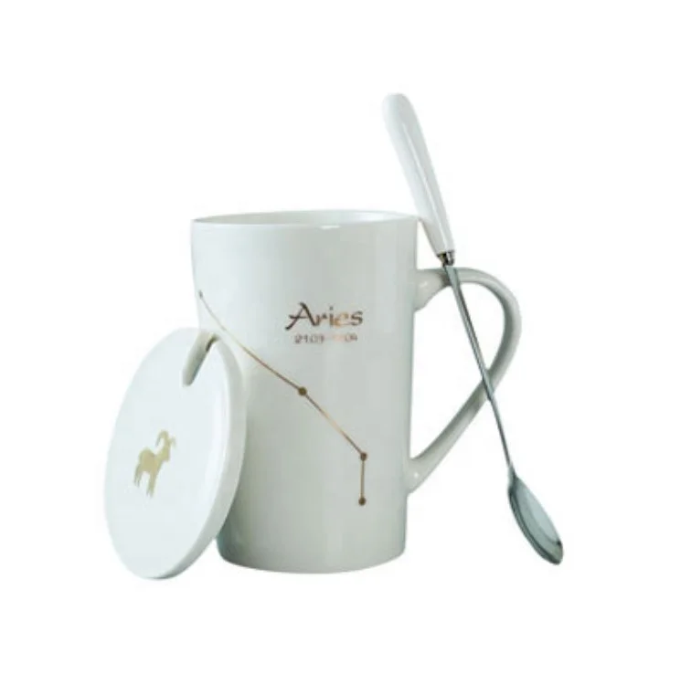 

12 constellations white zodiac ceramic coffee mug with lid spoon and giftbox porcelain cup, Various