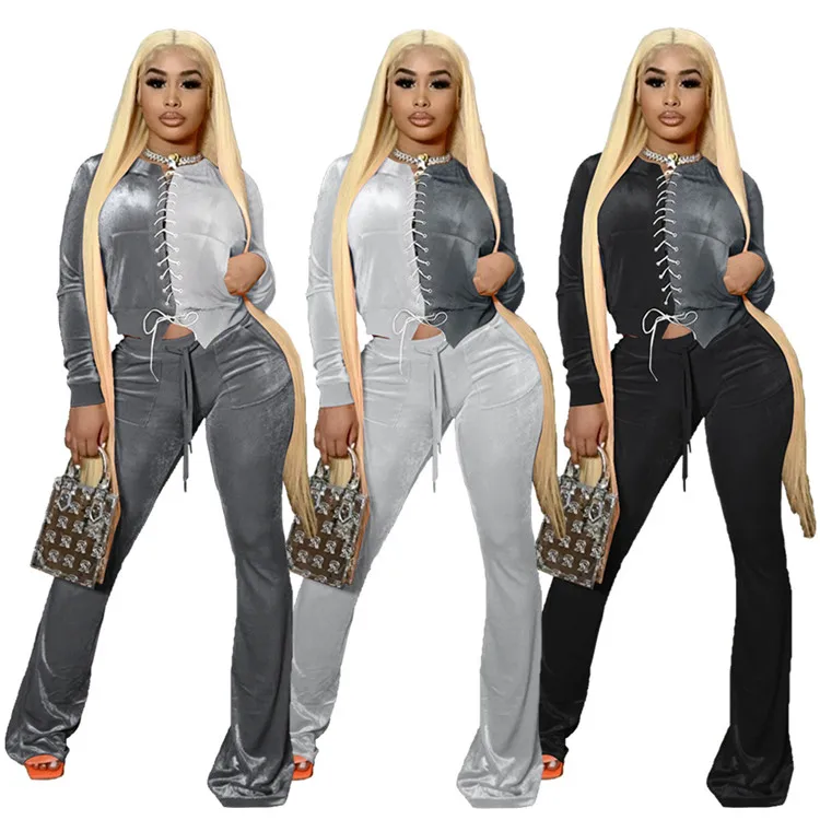 

Fashion Streetwear Color Block Patchwork Velvet Tracksuit Women Casual Slit Lace Up Pockets Top Pants Two Piece Set Fall Clothes, As picture