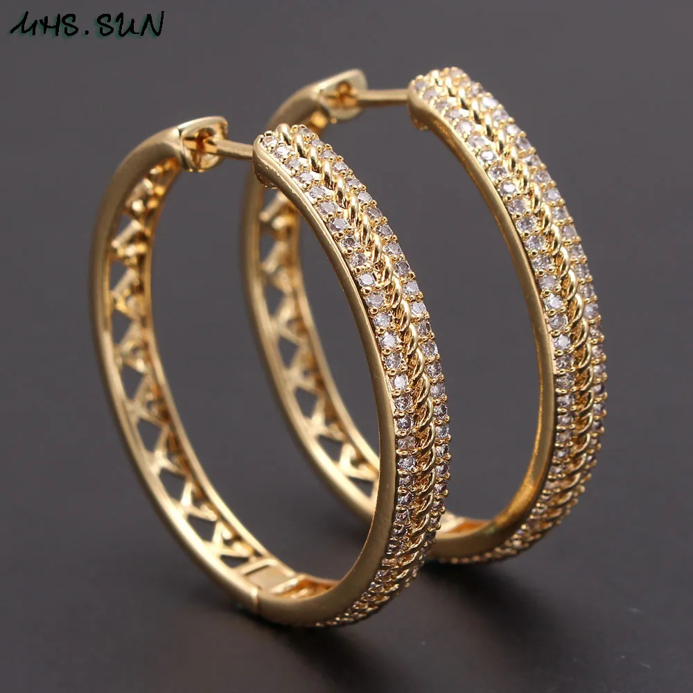 

MHS.SUN Trendy Style Women 3A Zircon Hoop Earrings Luxury Gold Plated Round Loop Earrings Fashion Hollow Design Jewelry