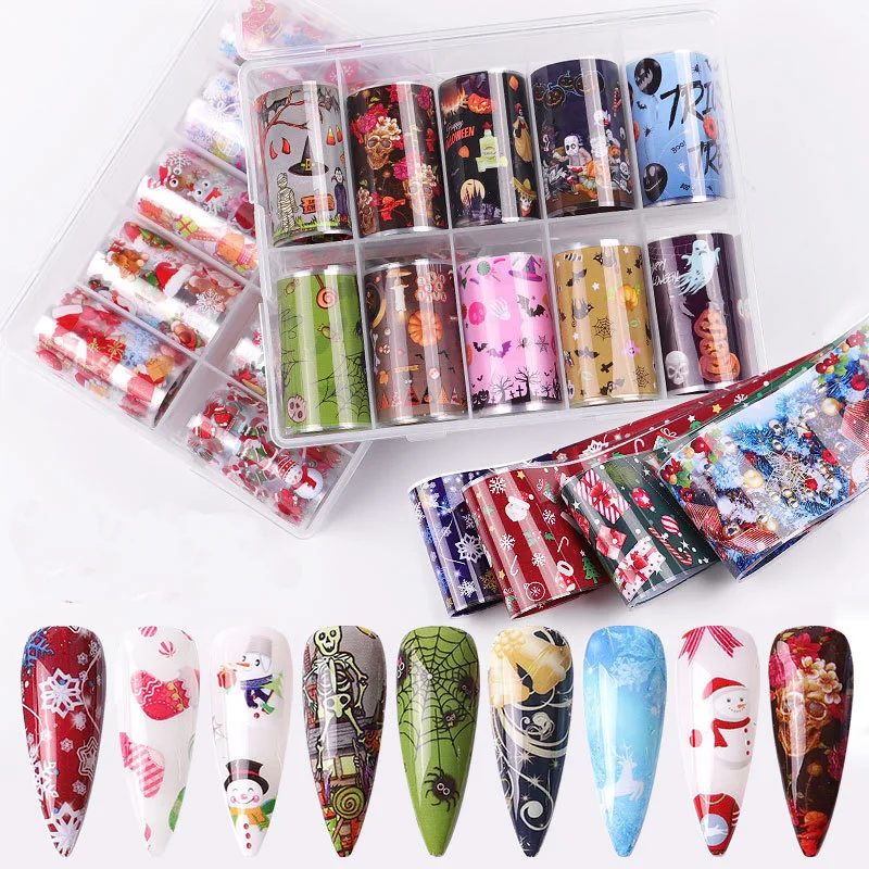 

10 design/box Christmas Xmas mixed design nails foil snow flakes transfer nail foil paper stickers toes nail stickers, Colorful