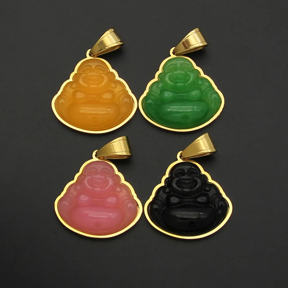 

New 316L Stainless Steel Multi Color Resin Big Belly Buddha Pendant Necklaces Synthetic Jade Maitreya Buddha Necklaces