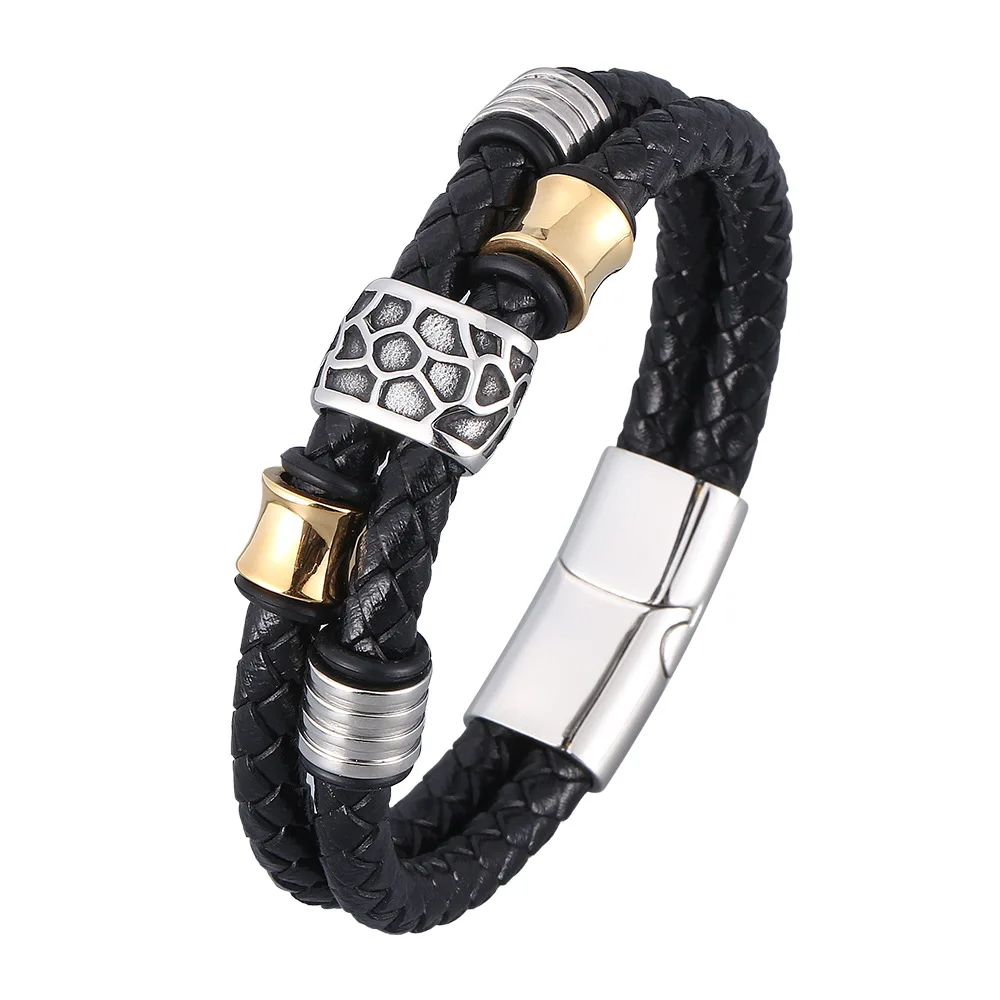 

New Design Multilayer Metal Clasp Cuff Bangle Mens New Real Leather Bracelet, Black leather, golden/silver/black accessories,customized color