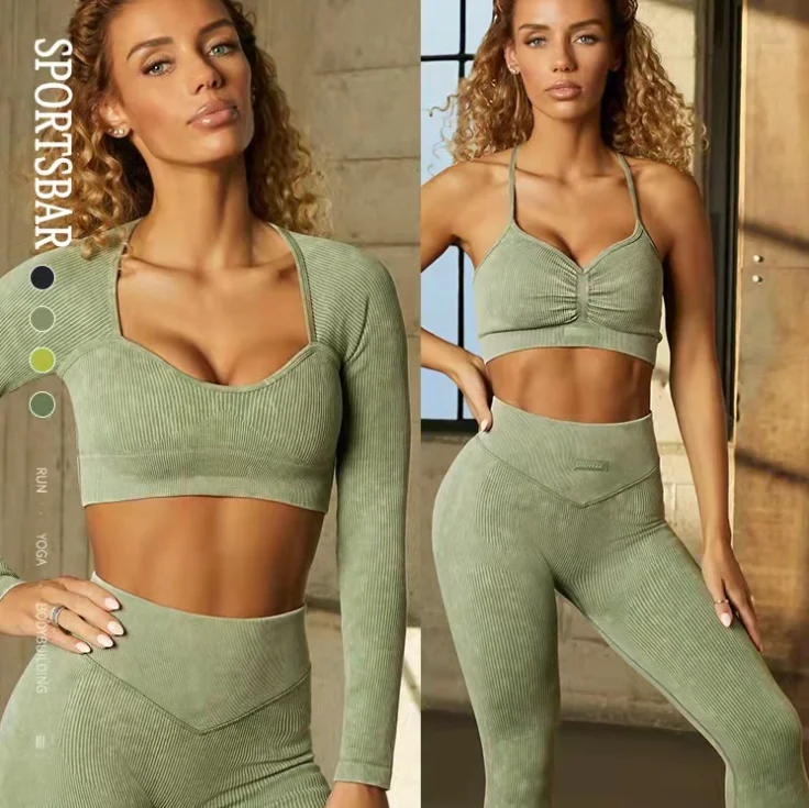 

Women Fitness workout clothing Apparel Custom long sleeve ribbed yoga set 5 pieces with jacket gym set seamless active wear, 6 colors